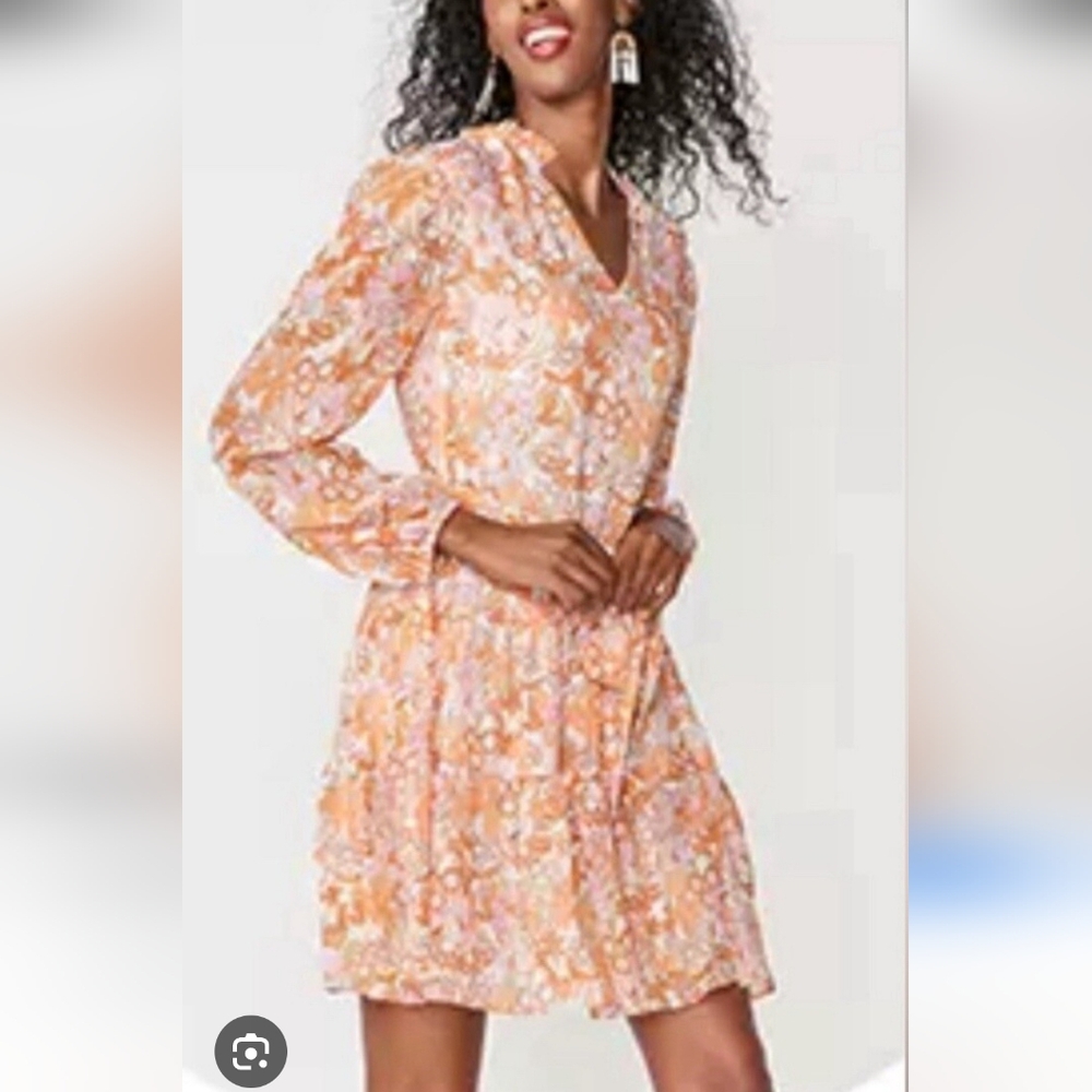 $Ryegrass Long-sleeve Orange Pink Floral Dress,  Size XL